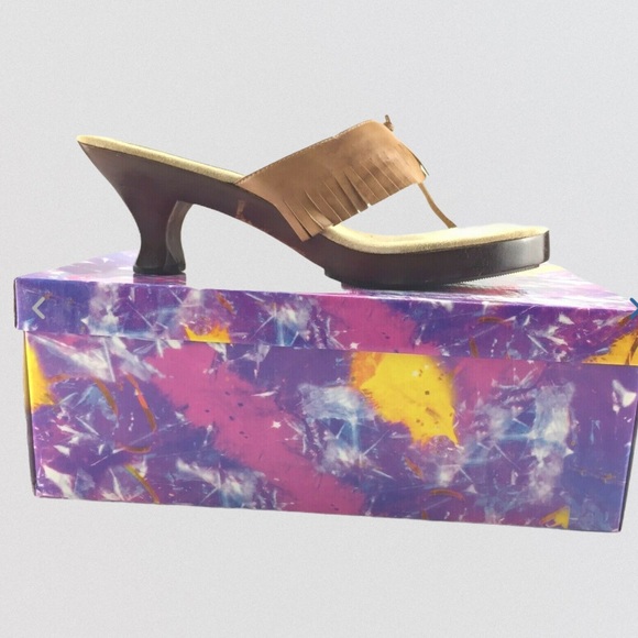 Camel Brown Wood Heel Slip On Fringe Sandals - Picture 2 of 8